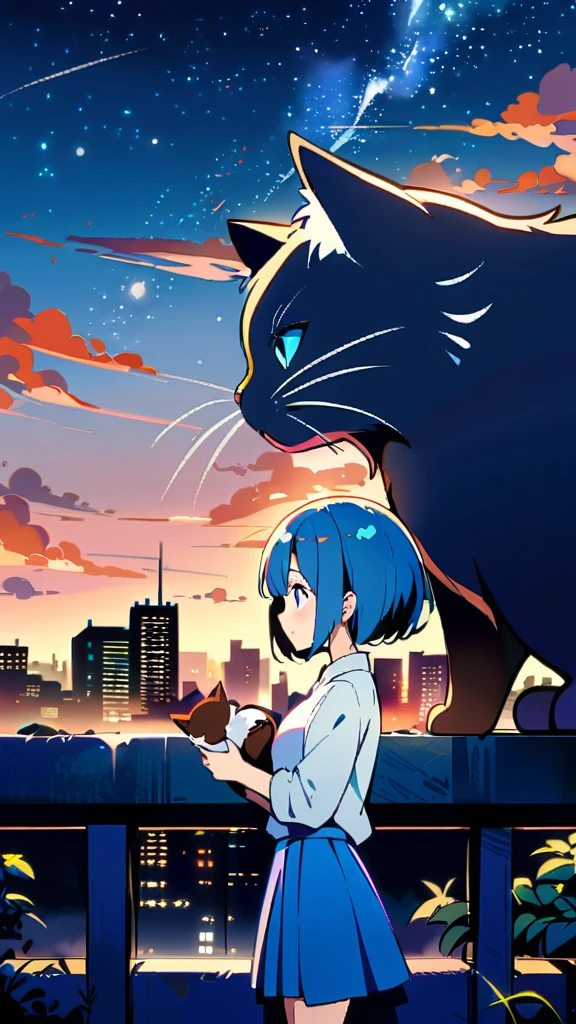 1girl, short hair, blue eyes, skirt, shirt, holding, , standing, outdoors, sky, cloud, blue skirt, night, animal, cat, building, star \(sky\), scenery, starry sky, city, cityscape, whiskers, rooftop, oversized animal,Blue Haired Woman,Face close-up
