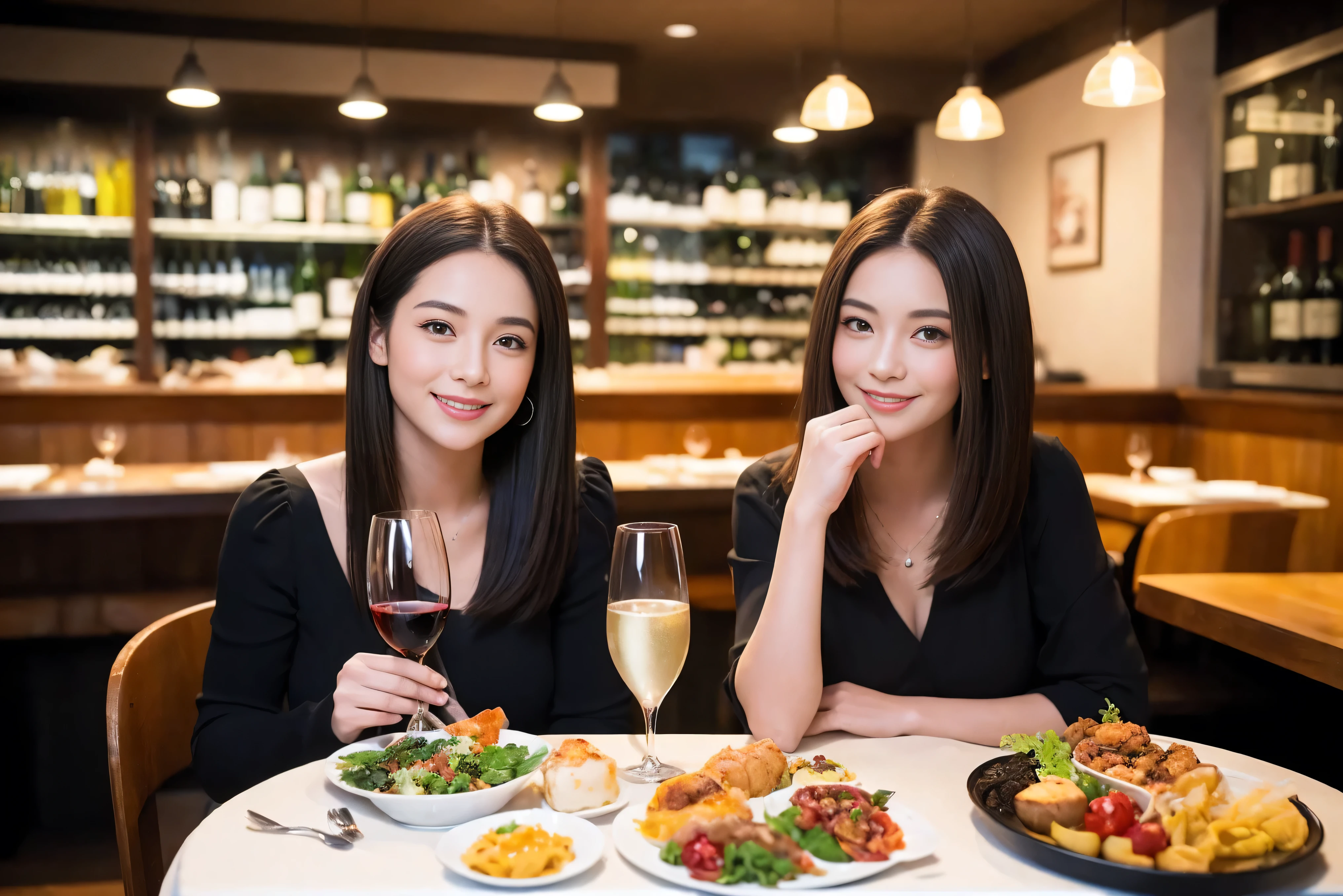 ((highest quality、8k、masterpiece:1.3))、1 male、1 female、lover、Beautiful couple、Japanese couple、Smile、Dinner Course、Appetizers、Italian food、wine 、 (Slim face), (the body is スリム), (Brown Hair), (Shortcuts), ((Bob Hale、Straight hair:1.2)), テーブルの上のWine Glass、Please shine a light on my face、 Amazing view of the sunset sky and clouds、 (36 years old), 39 years old, Red wine 、wine bottle、Champagne、Sparkling wine、Long sleeve dress、restaurant, Nova Frog Style, actress, model, Upper Body, White wine, Red wine, Wine Glass, 
