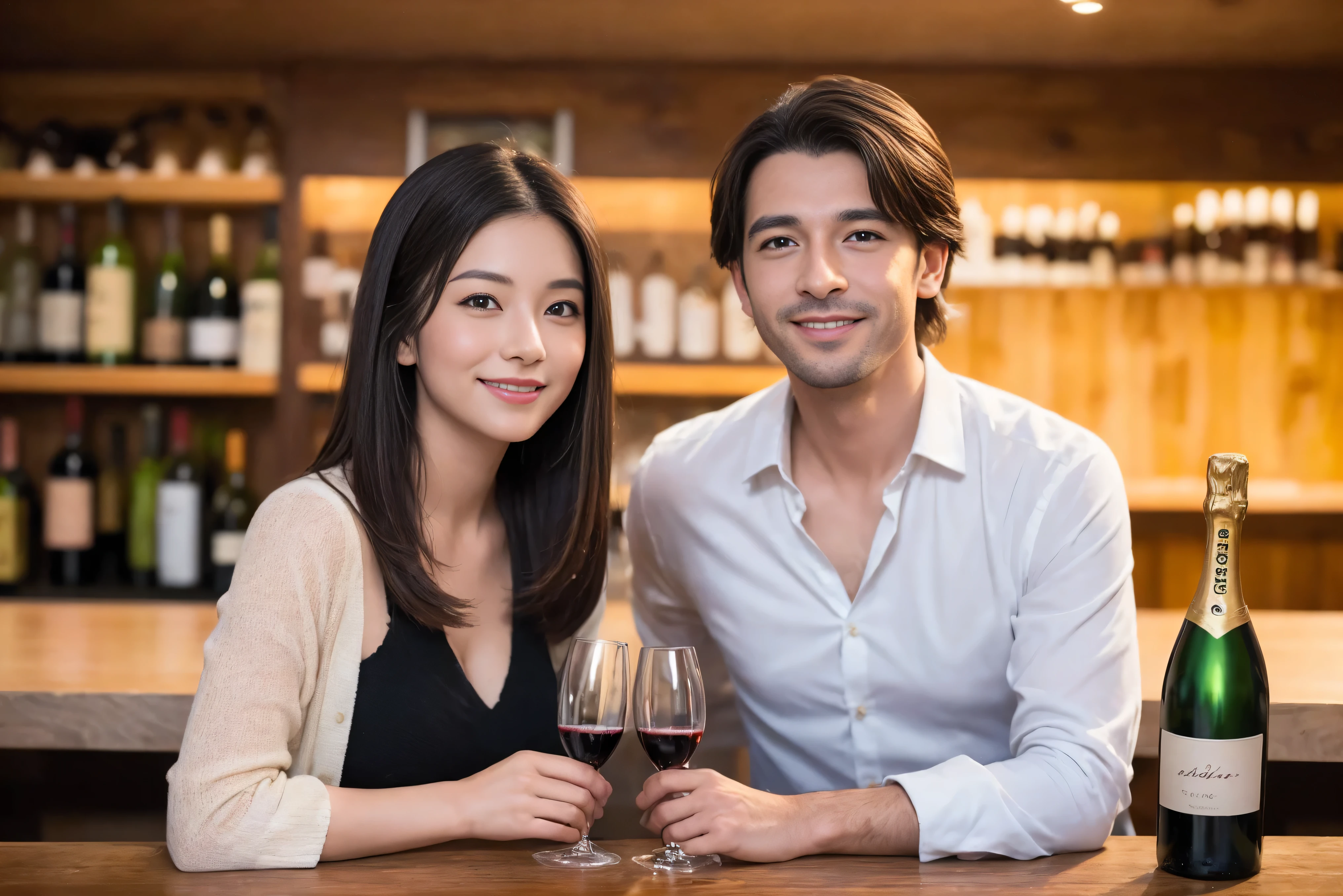 ((highest quality、8k、masterpiece:1.3))、1 male、1 female、lover、Beautiful couple、Japanese couple、Smile、Dinner Course、Appetizers、Italian food、wine 、 (Slim face), (the body is スリム), (Brown Hair), (Shortcuts), ((Bob Hale、Straight hair:1.2)), テーブルの上のWine Glass、Please shine a light on my face、 Amazing view of the sunset sky and clouds、 (36 years old), 39 years old, Red wine 、wine bottle、Champagne、Sparkling wine、Long sleeve dress、restaurant, Nova Frog Style, actress, model, Upper Body, White wine, Red wine, Wine Glass,