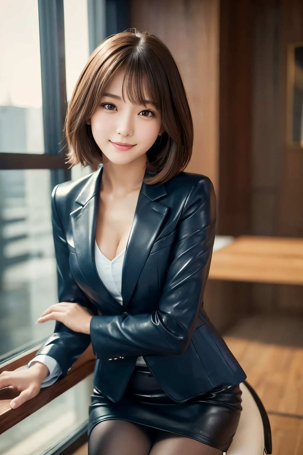 Leather business suit、Wearing a blazer(dark blue)、Tight Skirt(dark blue)、Realistic leather texture, RAW Photos, (8k、highest quality、masterpiece:1.2)、(Photorealistic:1.4)、 Vivid details, Realistic skin texture, short hair、Sitting on a chair