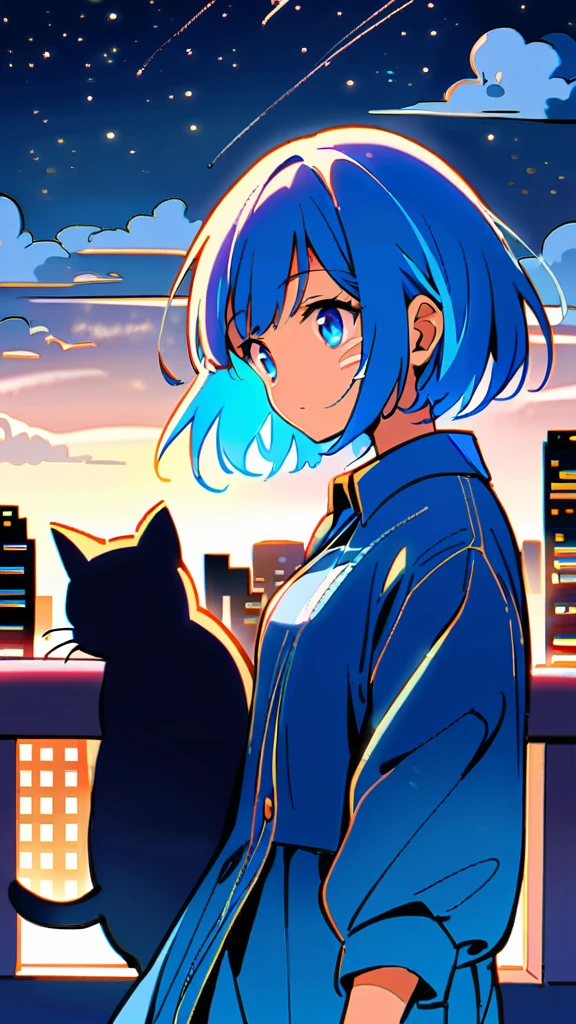 1girl, short hair, blue eyes, skirt, shirt, holding, , standing, outdoors, sky, cloud, blue skirt, night, animal, cat, building, star \(sky\), scenery, starry sky, city, cityscape, whiskers, rooftop, oversized animal,Blue Hair Girl,Face close-up