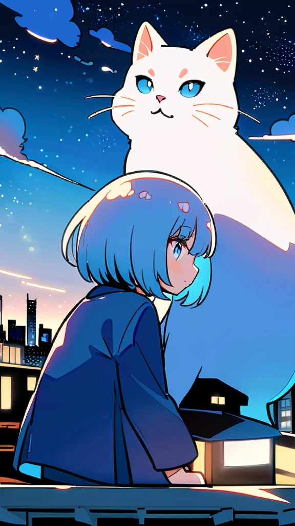 1girl, short hair, blue eyes, skirt, shirt, holding, , standing, outdoors, sky, cloud, blue skirt, night, animal, cat, building, star \(sky\), scenery, starry sky, city, cityscape, whiskers, rooftop, oversized animal,Blue Hair Girl,Face close-up