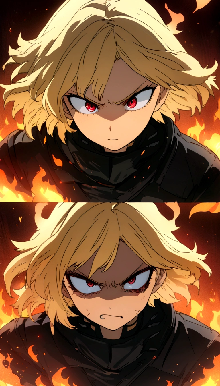 masterpiece, high quality, perfect face, high texture, 1 girl, 1 person, anime, my hero academia, blonde hair, short hair, red eyes, angry face, black jacket, flame, fire background