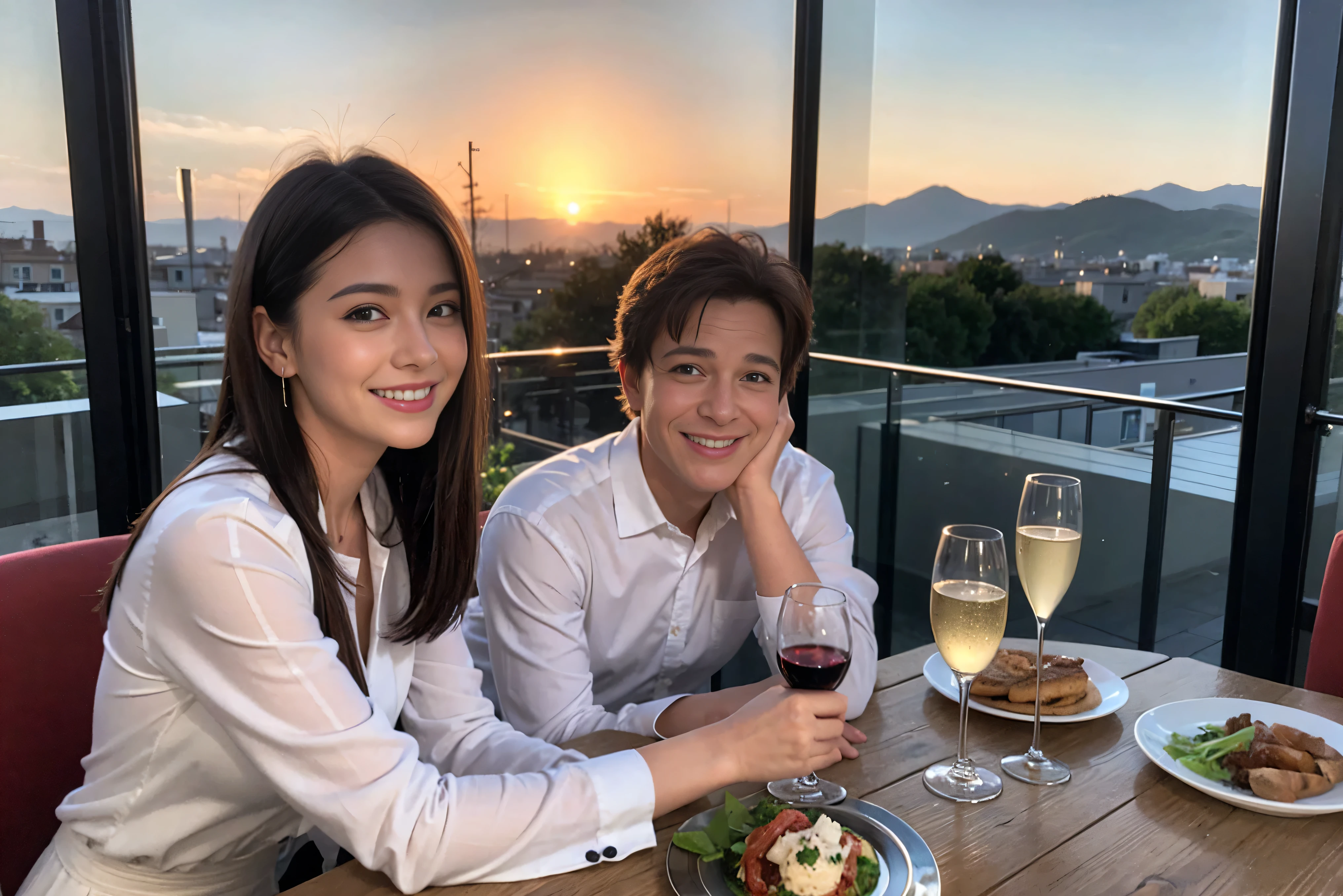 ((highest quality、8k、masterpiece:1.3))、1 male、1 female、lover、Beautiful couple、Smile、 (Slim face), (the body is スリム), (Brown Hair), (Shortcuts), ((Bob Hale、Straight hair:1.2)), Wine glass on the table、Please shine a light on my face、 Amazing view of the sunset sky and clouds、Amazing mountain views、The beauty of a smile、Bright image、Blushing, Shortcuts,Bright Face、 (42 years old), 39 years old, red wine 、Appetizers、Italian food、Wine bottle、Champagne、sparkling wine、Long sleeve shirt、dress、Attractive beauty、restaurant, Nova Frog Style, actress, model, Upper Body, White wine, red wine, wine glass,