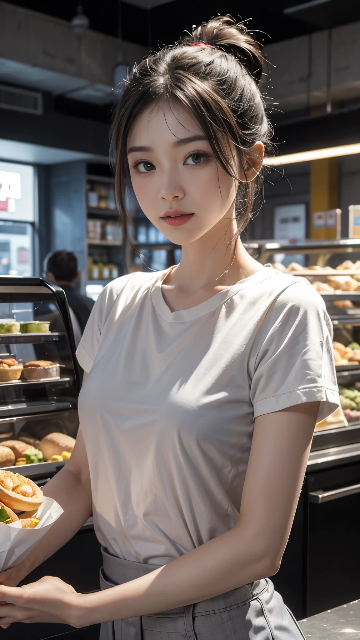 (in 8K、Raw photography、Highest Quality、realisitic、Photorealsitic, Looking at the camera, Light on Face, Gray background, upper body shot), 28 year old Japanese woman, average appearance, fast food uniform, Serving customers at the store:1.6, Talking:1.9, mouth open:1.3, I have a product:1.7, I'm stopping calling:2.0