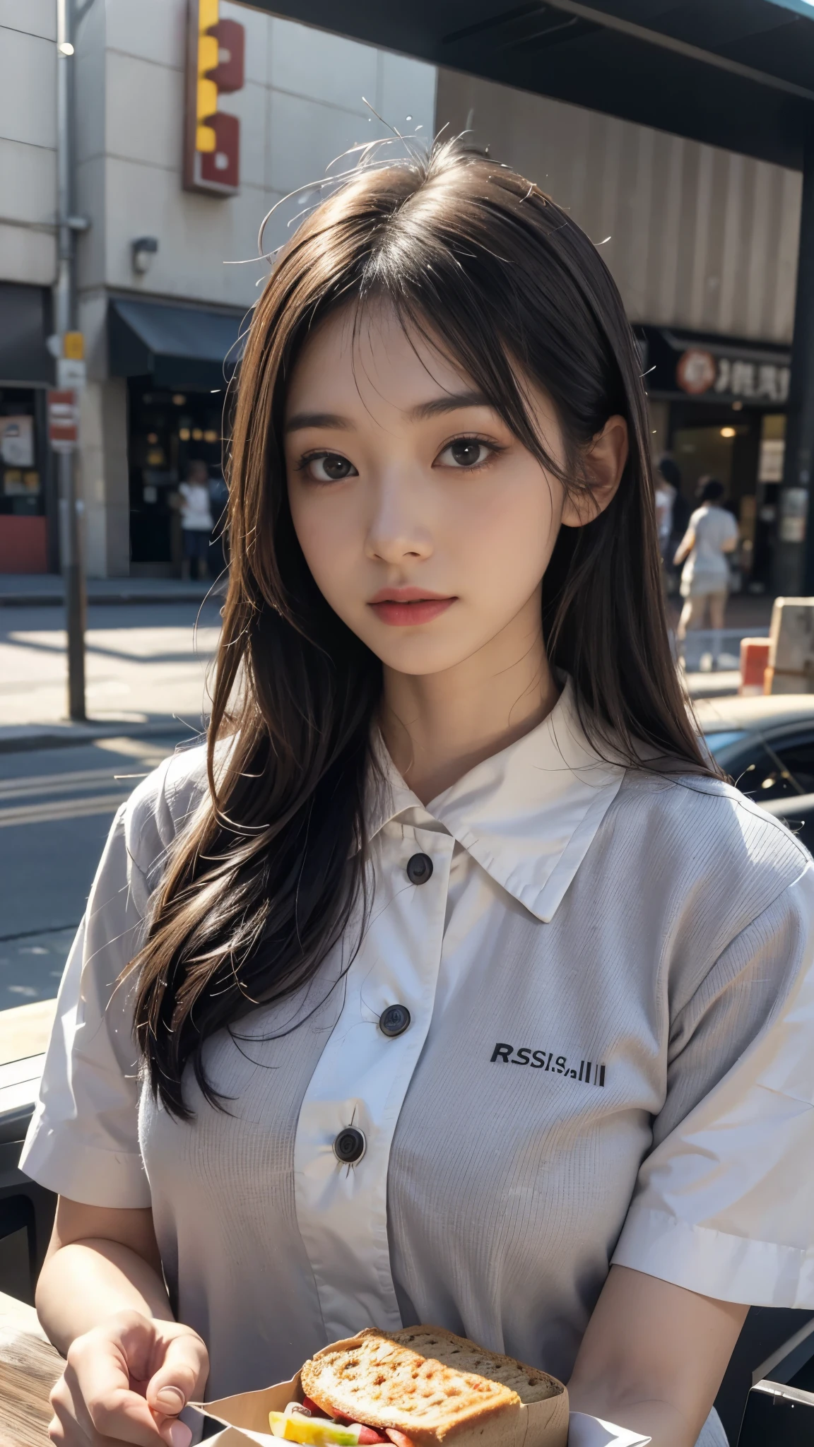 (in 8K、Raw photography、Highest Quality、realisitic、Photorealsitic, Looking at the camera, Light on Face, Gray background, upper body shot), 28 year old Japanese woman, average appearance, fast food uniform, Serving customers at the store:1.6, Talking:1.9, mouth open:1.3, I have a product:1.7, I'm stopping calling:2.0