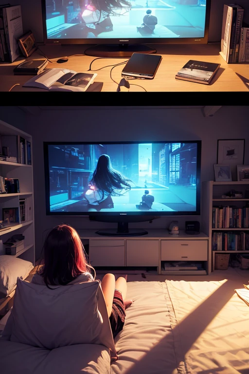 there is a girl sitting on a bed in a room playing video games, big television, quarto adolescente with books, ciberpunk, inspirado em Liam Wong, at night, sala escura, lo-fi illustration style, sala de jogos, estudando na sala, Cyril rolando e m.w kaluta, quarto adolescente.