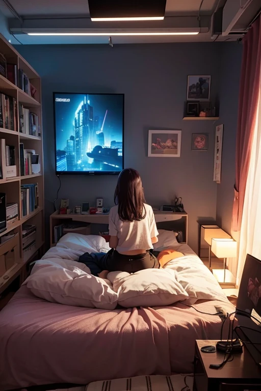 there is a girl sitting on a bed in a room playing video games, big television, quarto adolescente with books, ciberpunk, inspirado em Liam Wong, at night, sala escura, lo-fi illustration style, sala de jogos, estudando na sala, Cyril rolando e m.w kaluta, quarto adolescente.