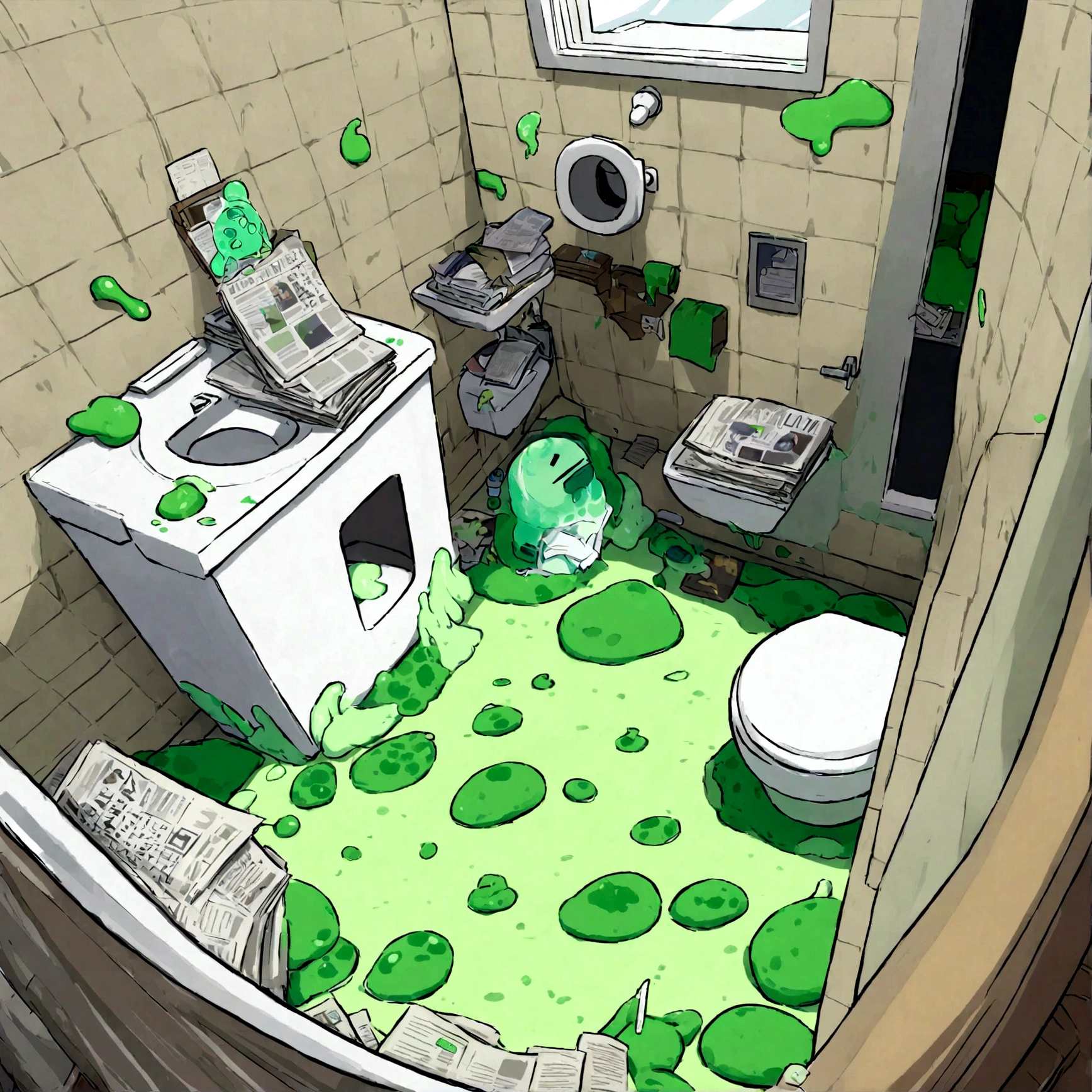 Alien spot of green slime with tentacles,Invasion of alien green slime spots coming out of the toilet,Fondo:Small bathroom,1baño,1 ventana,piso de tablero de ajedrez,desorden,newspapers,(explosiones de limo verde),