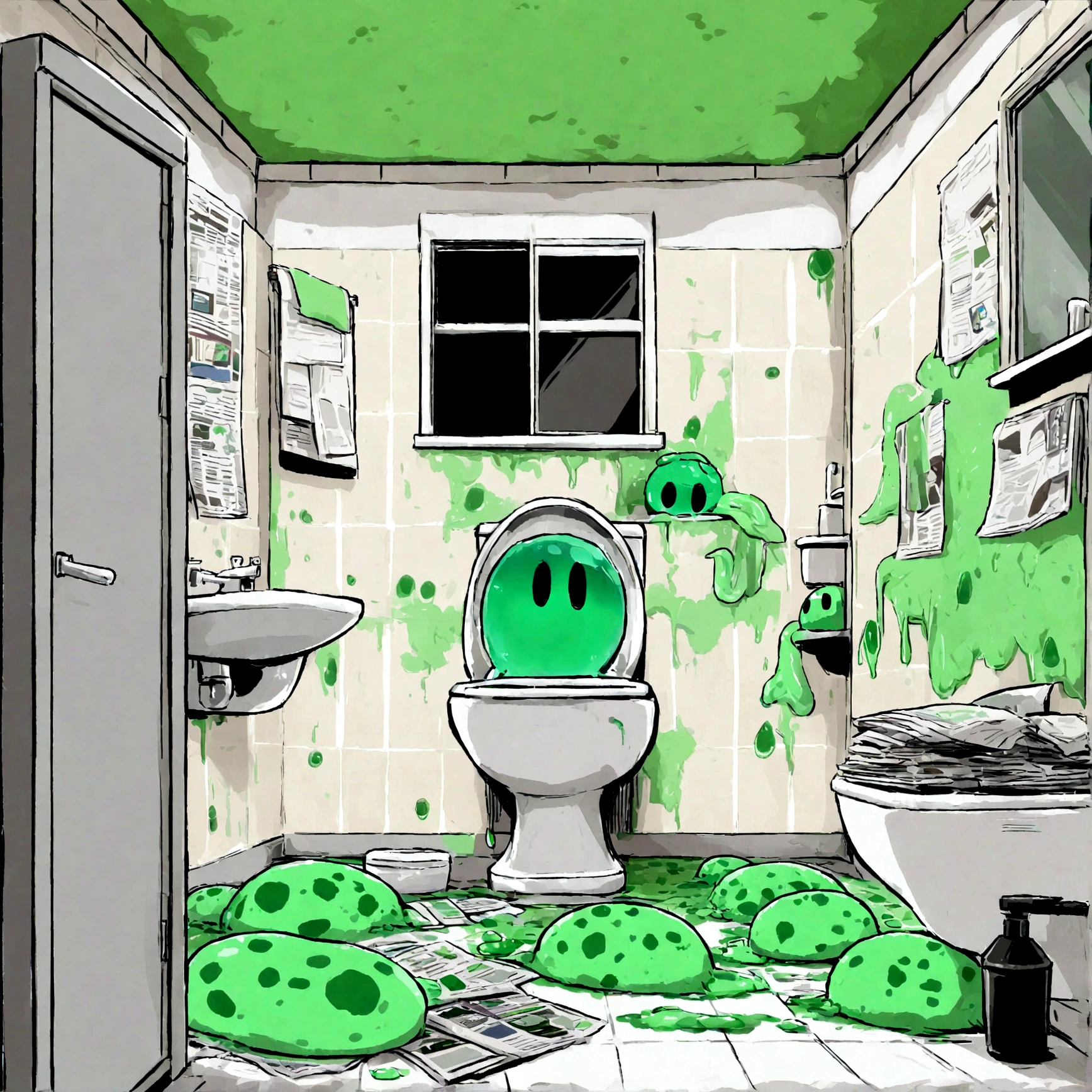 Alien spot of green slime with tentacles,Invasion of alien green slime spots coming out of the toilet,Fondo:Small bathroom,1baño,1 ventana,piso de tablero de ajedrez,desorden,newspapers,(explosiones de limo verde),