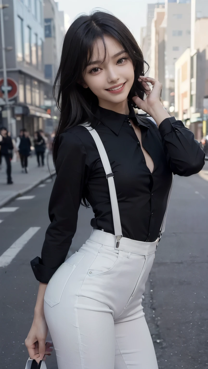((In the city:2.0)), ((Positive:2.0, Face the front of your body at the camera:2.0)), ((Black shirt with collar:2.0, suspenders:2.0, White pants:1.8)), (Clothing:2.0, Panties under white skinny pants:2.0, suspenders under Black shirt with collar:2.0, sneakers:1.5), ((In the city:2.0)), ((A grin:1.2, Small breasts:1.5, slender:1.5, Small Ass:1.5)), ((Japanese, 1 Girl, 18-year-old, 7 heads, Ideal body proportions, Black Hair, With bangs, Small breasts, Erect nipples, slender, Small Ass, Beautiful feet, Skinny Legs)), Surrealism, Cinematic Lighting, Depth of written boundary, First Person View, Boobs F/1.8, 135mm, Ticker, Mastepiece, Curate, ((Anatomically correct:1.3)), Textured skin, Super Detail, High detail, High quality, Awards, Best Quality, High resolution, 8K