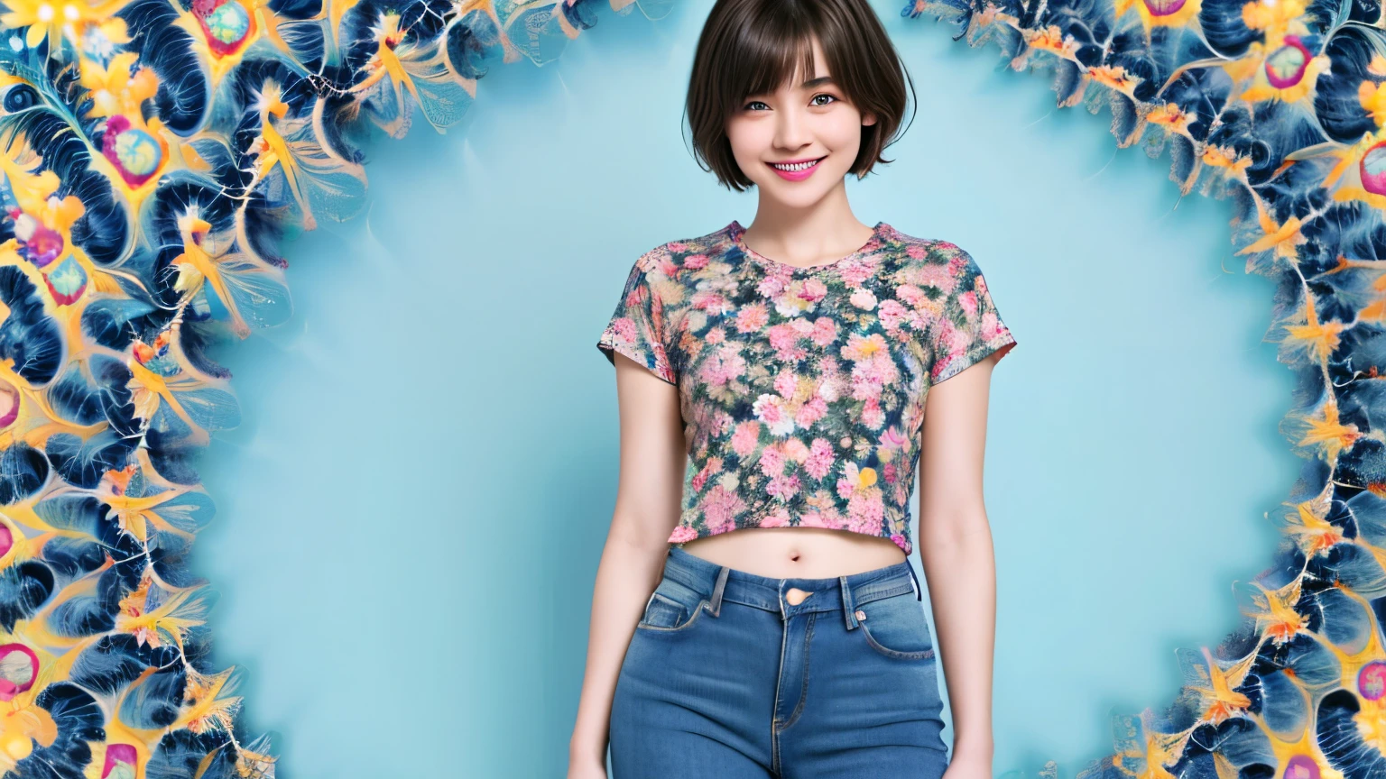 238 18-year-old female, short hair, (Jeans andT-shirt), A kind smile, lipstick, Abdominal muscles, (Floral Background、Fractal Patterns)