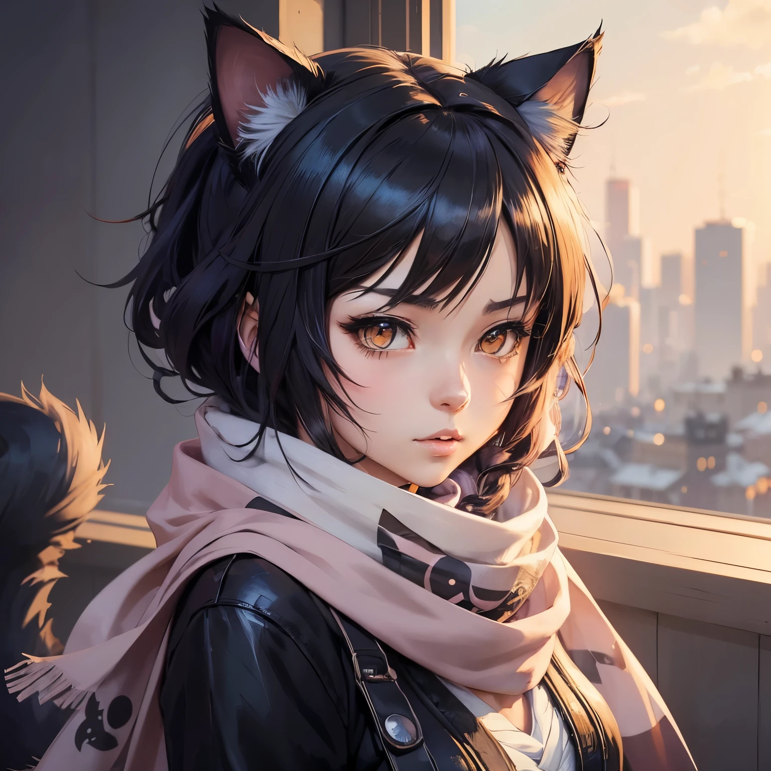 ((Anime character with cat ears and a scarf on)), girl with cat ears, artwork in the style of guweiz, in an anime style, anime girl catgirl, emo girl with cat ears and tail, anime style portrait, in anime style, digital anime illustration, flat anime style shading