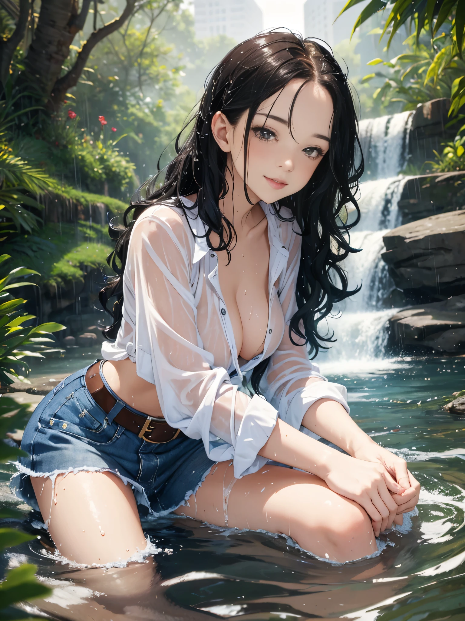 woman sitting in the water, (long wavy hair), bottom angle, in a pond, in water up to her waist, in the water, denim skirt, belt, ((v neck pullover)), white shirt, seated in the water, charli bowater, cute woman, with a waterfalls, casually dressed, wet look, portrait shot, mid shot portrait, playing in water, smiling at viewer, coy, cute shot, narrow depth of field, 8k, nsfw, drenched, ((soaked)), dripping water, dripping oil, heavy clothes, soaked in oil, wet all over, rouge lipstick, jenya.d