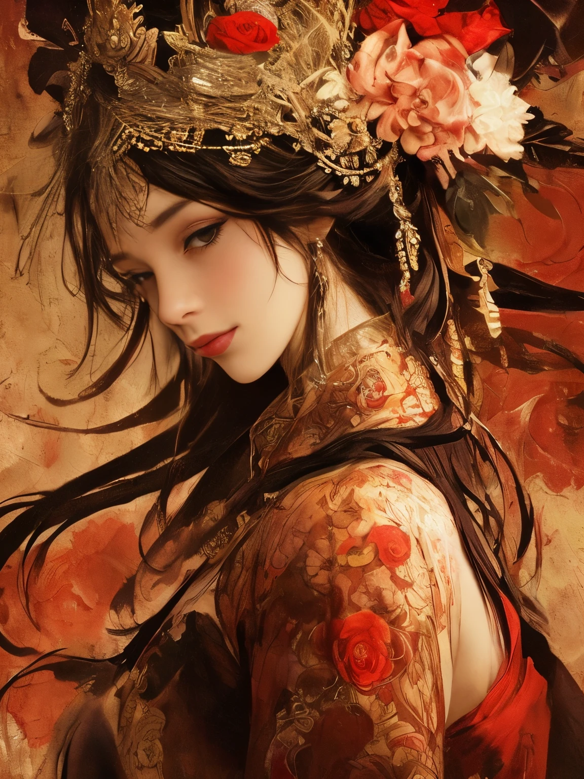 Yoshitaka Amano's painting style, Beautiful girl with long white hair, Fair skin, And red eyes, In the woods with cinematic lighting, It's dark and there is little light. She is wearing a golden white dress, Her eyes were focused, Looking at the audience. Her skin is white, Her face was delicate and perfect., Huge firm bouncing breasts, masterpiece, Top quality artwork. This image is an incredibly detailed 8K CG wallpaper., Cinematic tones with artistic cinema lighting and neutral filters