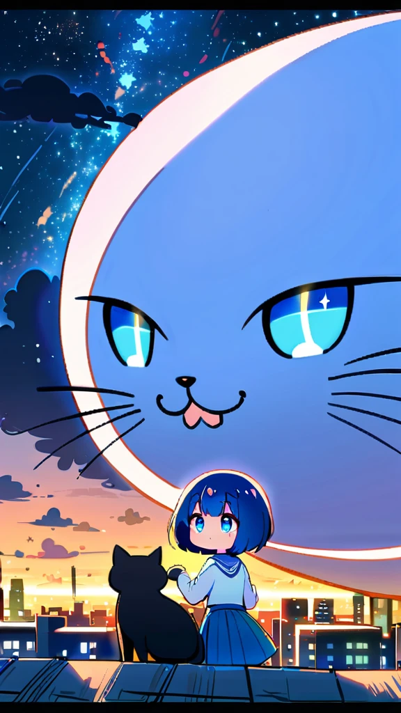 1girl, short hair, blue eyes, skirt, shirt, holding, , standing, outdoors, sky, cloud, blue skirt, night, animal, cat, building, star \(sky\), scenery, starry sky, city, cityscape, whiskers, rooftop, oversized animal,Blue Haired Woman,Face close-up,Well-formed face,Beautiful and cute face