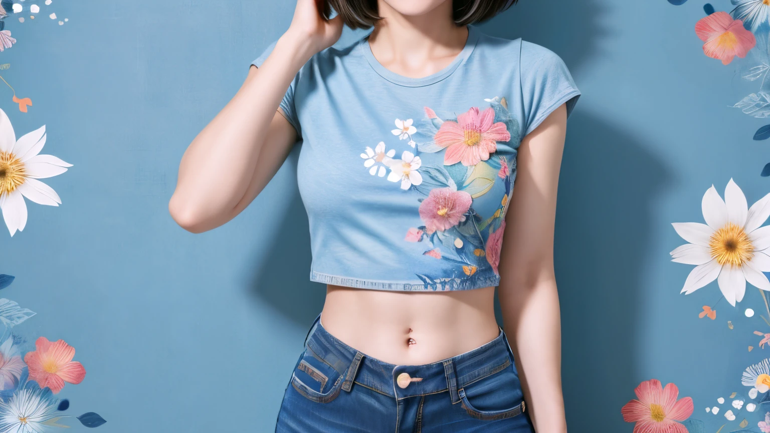 238 18-year-old female, short hair, (Jeans andT-shirt), A kind smile, lipstick, Abdominal muscles, (Floral Background、Fractal Patterns)