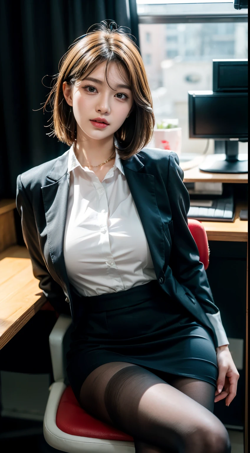Face :9,1714884241], Senior elite secretary wearing business shirt, working in office chair、wear a suit, (Wear pantyhose)、(Short layered hair)、Cross your legs, Wear high-quality heels、 (and skirt、Huge tits), girl wearing shirt, Wear a suit, Wear a suit, Wear a suit, Business Woman, business attire, Wearing a black suit, 穿襯衫and skirt., Wear a suit的女人, business attire, business attire, RAW photos, (8K、Top quality、masterpiece:1.2)、(精致detail:1.4)、(realism:1.4)、Octagon Rendering、Complex 3D Rendering, Super detailed, Soft studio lighting (Soft studio lighting) (Soft studio lighting (Soft studio lighting)), Rim Light, 生动的detail, Extremely detailed, Realistic skin texture, detail, Beautiful and delicate eyes, Highly detailed CG Unity 16K wallpaper, cosmetic-, (Detailed background:1.2), show your thighs!!!,