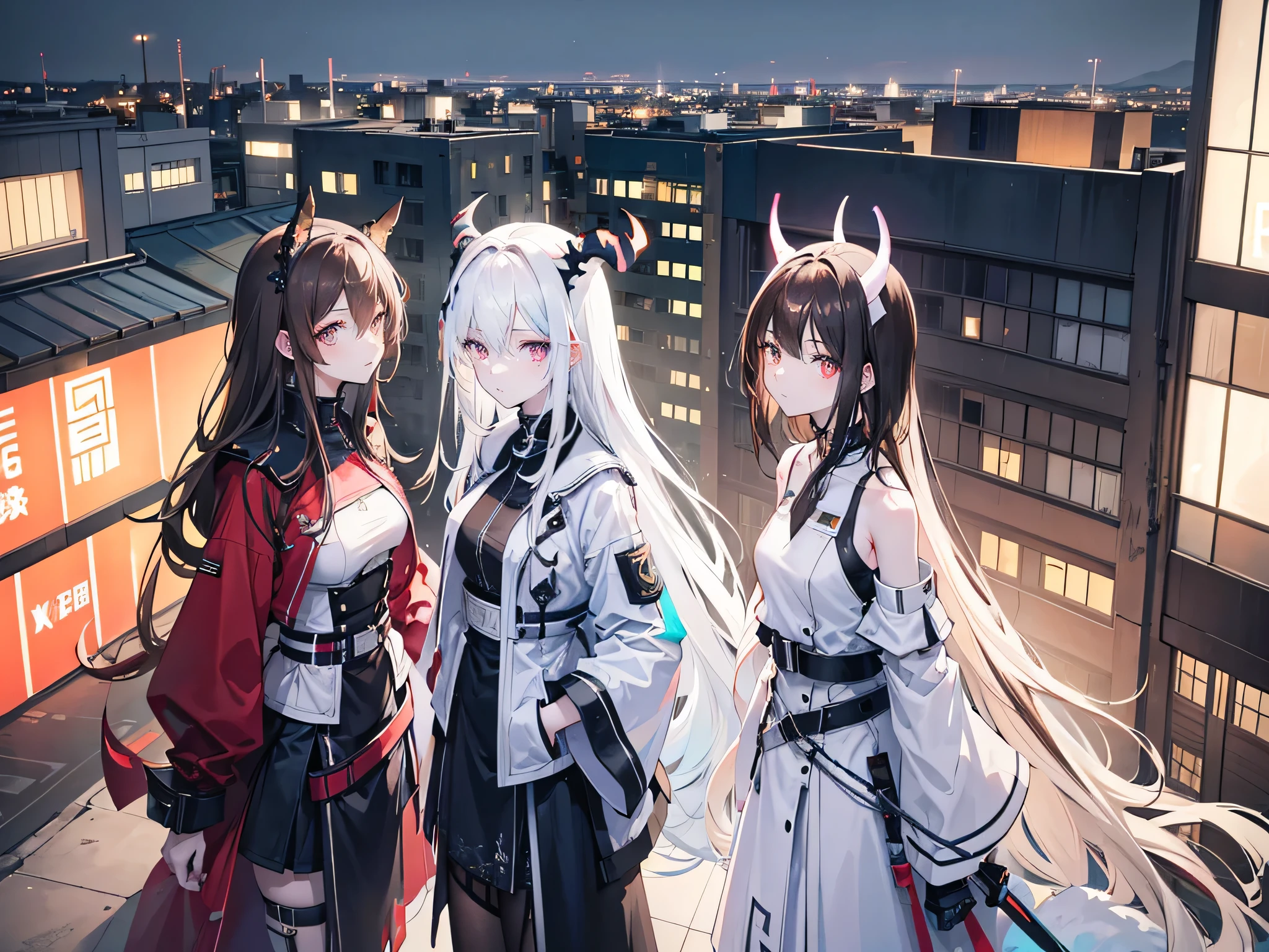 Three tall, thin girls, on the roof of a building, with neon lights, many neon lights on the buildings, looking at the horizon, one with white hair and horns, another with brown hair and another girl with black hair.