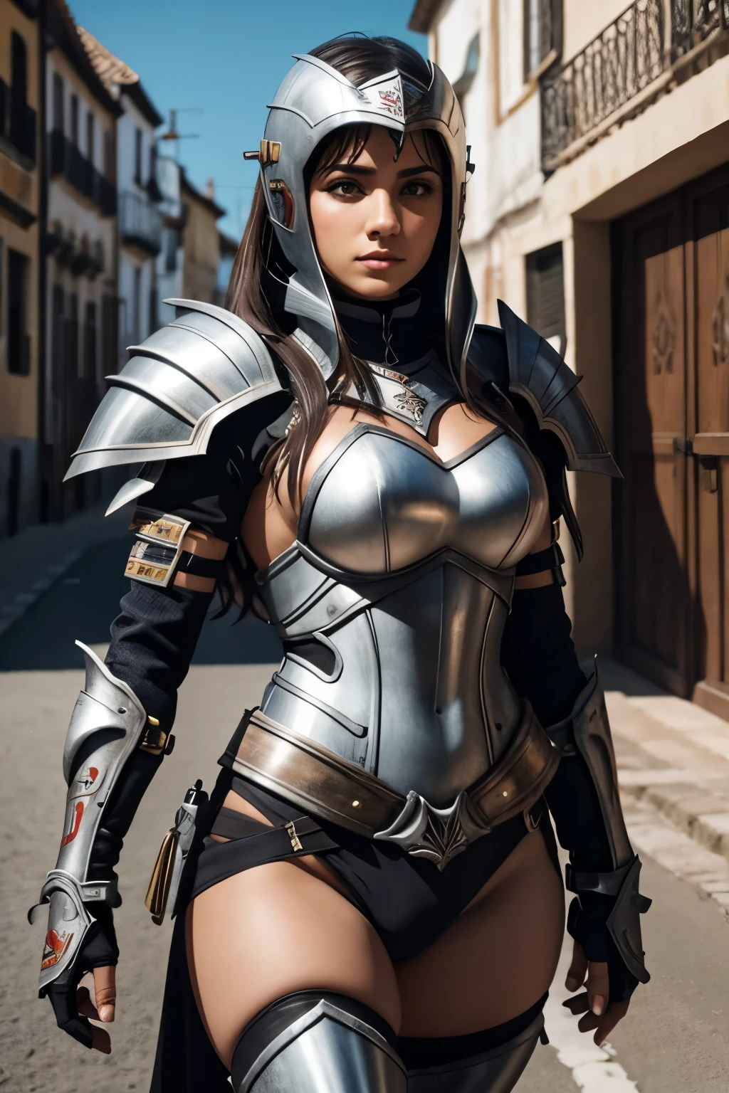 UMA MULHER LATINA USANDO UMA ARMADURA ESPANHOLA DO SECULO 17