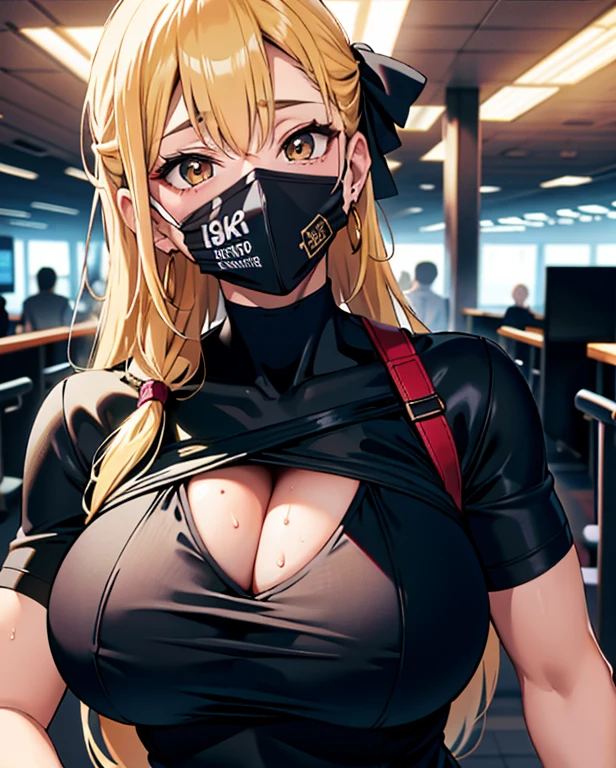(highest quality,4K,8k,High resolution,masterpiece:1.2),Very detailed,(Actual,Realistically,Realistically:1.37), 超High resolutionの顔, A woman in her fifties wearing a black mask and black top, Wear a mask, 黒いメンポWear a mask, sexy girl, sexy :8, blonde, Earrings, big breasts, big , Biggest Breast, Huge breasts, Fitness Model, Sweat, At the airport、Camel Toe、Giant tit、Nipple Puffs、Cleavage、Plump、Super big breasts、Super big butt