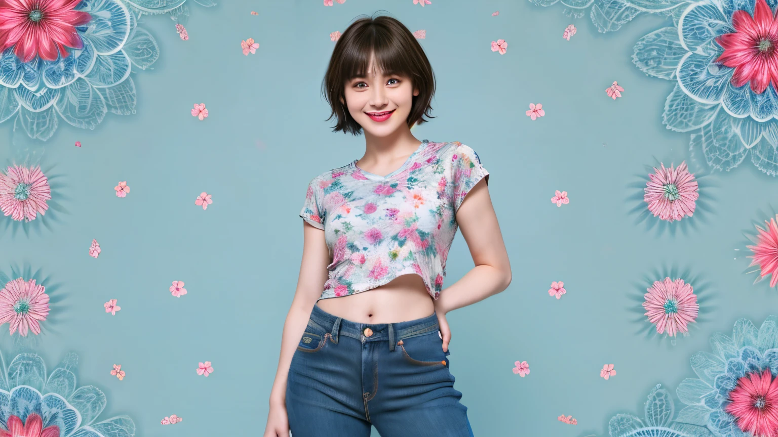 238 18-year-old female, short hair, (Jeans andT-shirt), A kind smile, lipstick, Abdominal muscles, (Floral Background、Fractal Patterns)