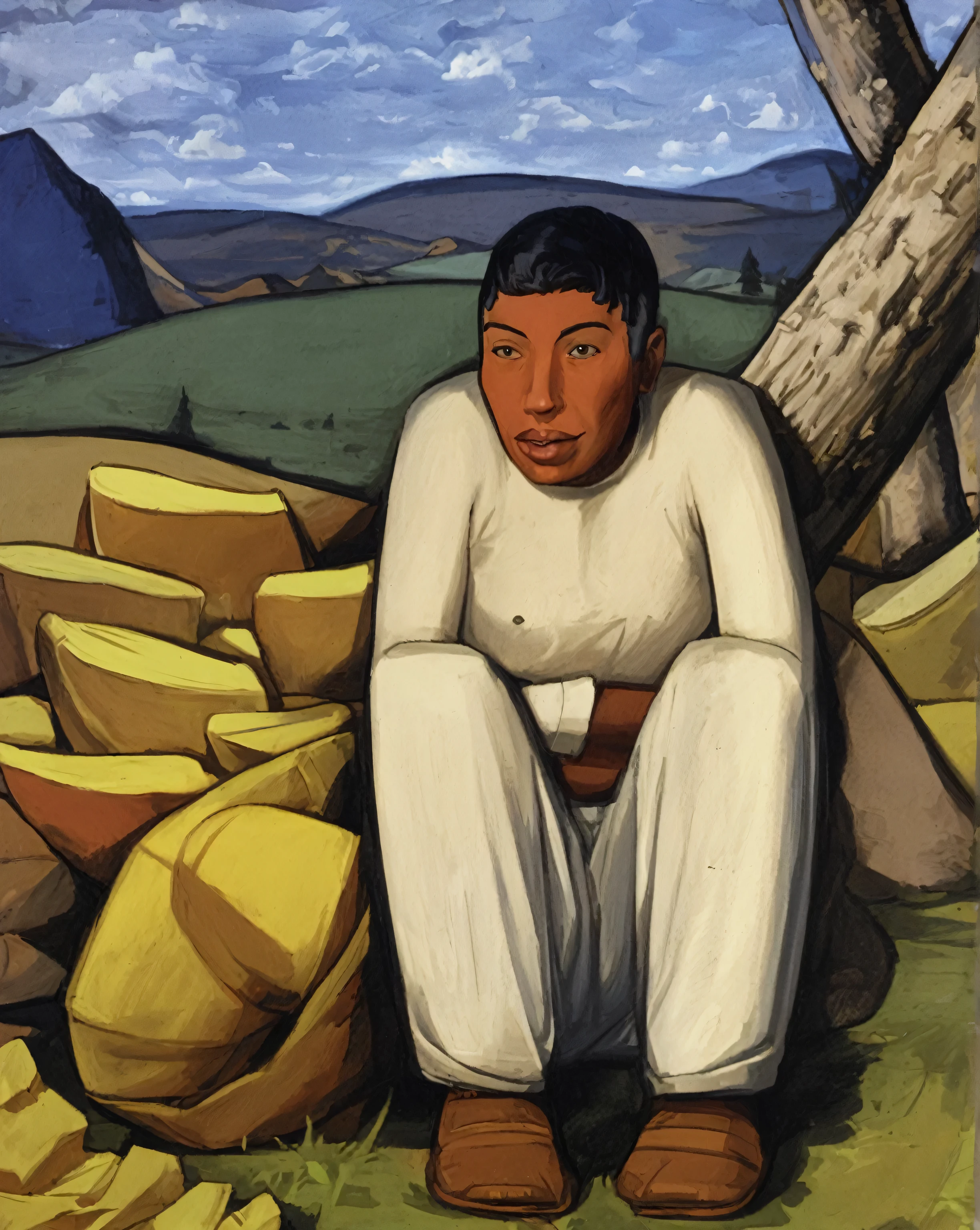 pintura de um homem sentado sobre uma pilha de pedras em um campo, por Diego Rivera, Direction: Marsden Hartley, Direction: Oswaldo Guayasamín, inspired Direction: Oswaldo Guayasamín, inspired por Diego Rivera, oil on canvas (1921), oil on canvas (1921)”, inspired Direction: Marsden Hartley, Direction: Dora Carrington, Peter, Alexandre