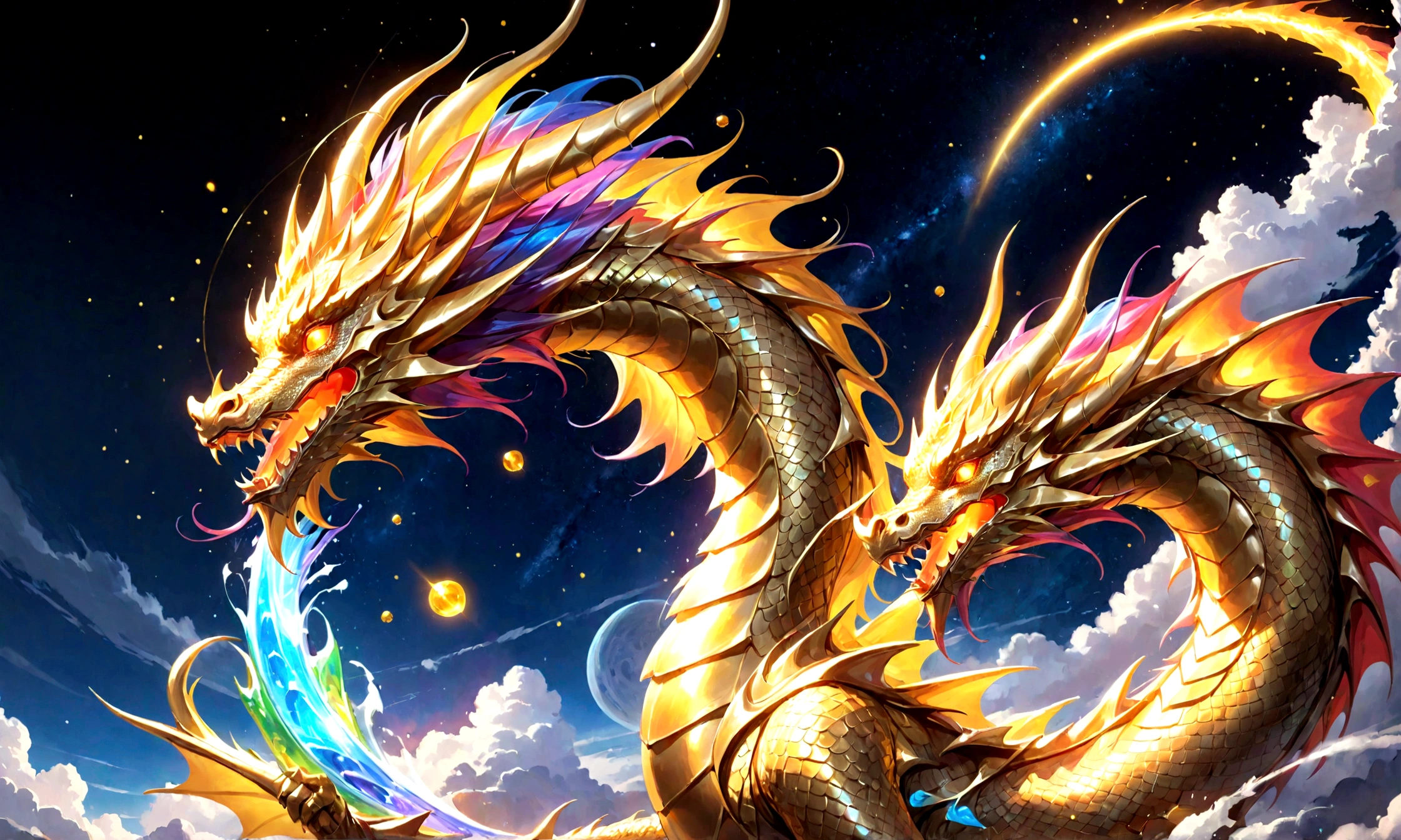 Golden Dragon。Rainbow glowing scales。Dragon God Advent。Golden Splash、intergalactic、Deities々Right