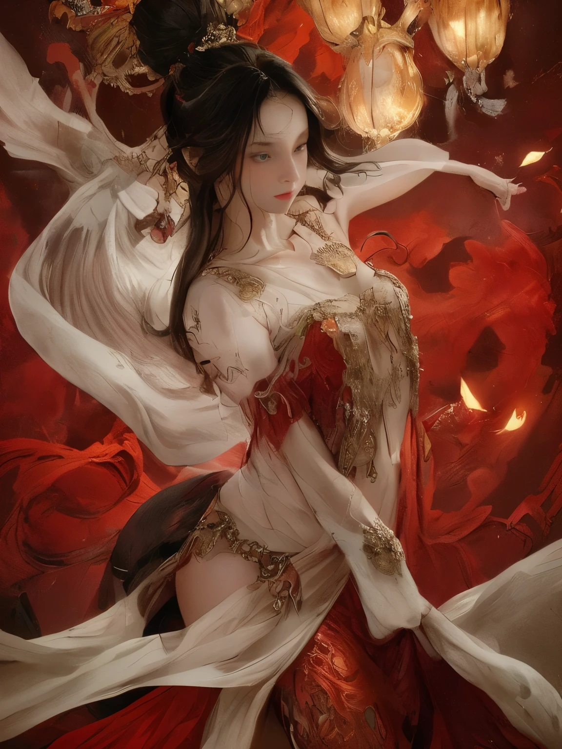 Yoshitaka Amano's painting style, Beautiful girl with long white hair, Fair skin, And red eyes, In the woods with cinematic lighting, It's dark and there is little light. She is wearing a golden white dress, Her eyes were focused, Looking at the audience. Her skin is white, Her face was delicate and perfect., Huge firm bouncing breasts, masterpiece, Top quality artwork. This image is an incredibly detailed 8K CG wallpaper., Cinematic tones with artistic cinema lighting and neutral filters