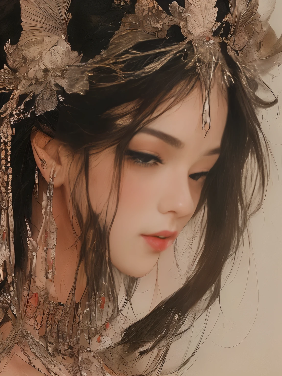 Yoshitaka Amano's painting style, Beautiful girl with long white hair, Fair skin, And red eyes, In the woods with cinematic lighting, It's dark and there is little light. She is wearing a golden white dress, Her eyes were focused, Looking at the audience. Her skin is white, Her face was delicate and perfect., Huge firm bouncing breasts, masterpiece, Top quality artwork. This image is an incredibly detailed 8K CG wallpaper., Cinematic tones with artistic cinema lighting and neutral filters