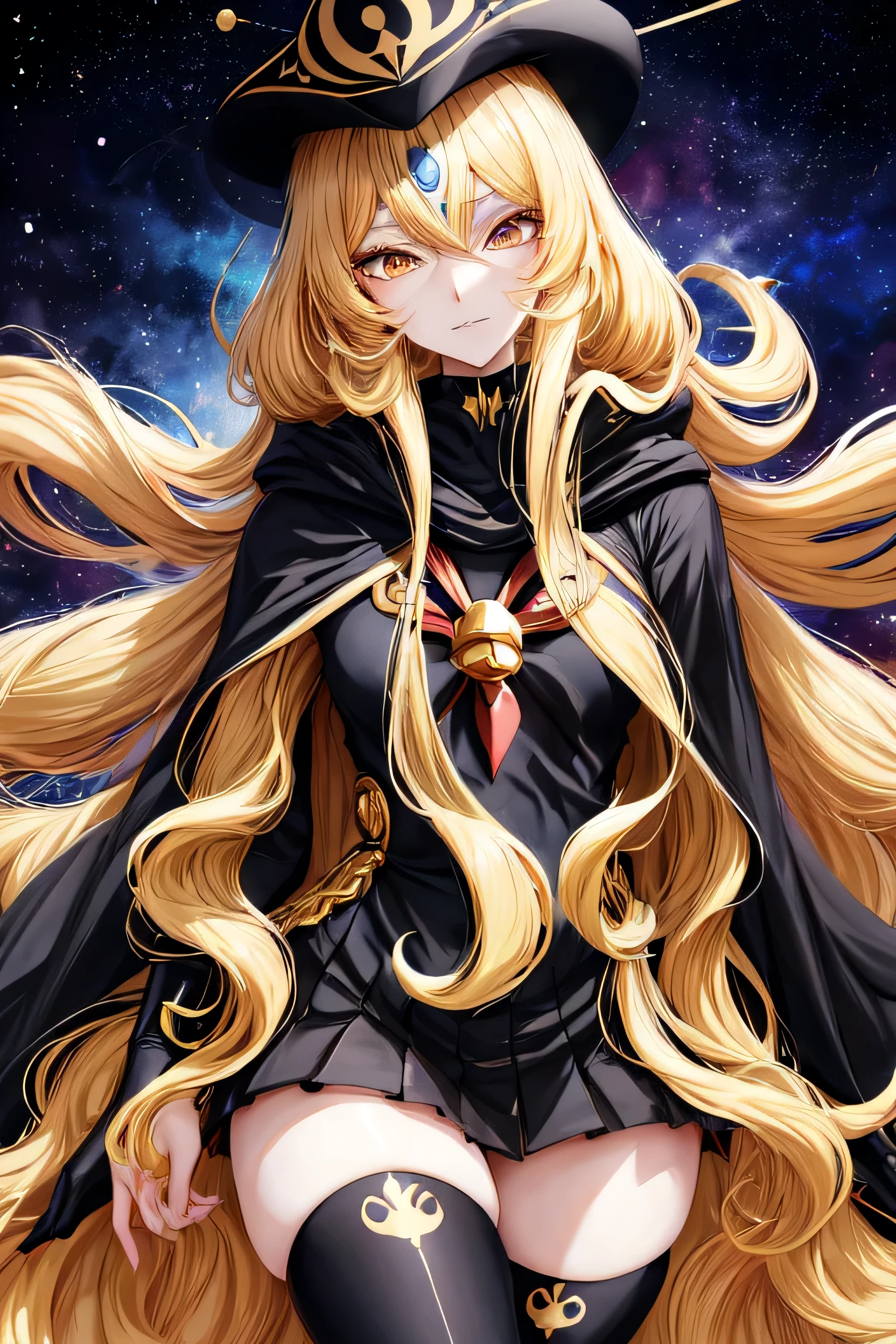 Anime art of a woman with long blonde hair and a black hat, Sailor Galaxia. beautiful, Wearing a long haired cloak, leiji matsumoto, Anime Art Nouveau Space Display, by Harumi Hironaka, blonde anime girl with long hair, Inspired by Amano, Inspired by Sakai Hōitsu, Written by Yumuhiko Amano