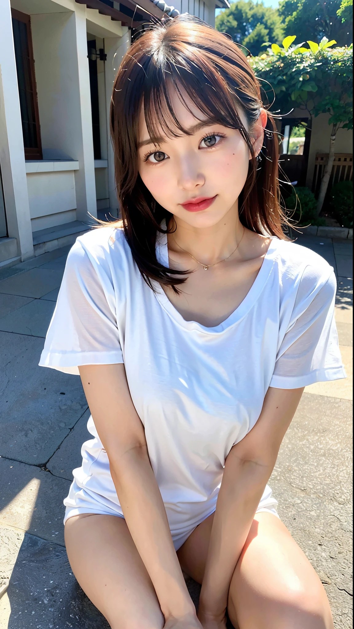 ????,(top-quality、8K、32K、​masterpiece、nffsw:1.2)、Cute Japan pictures of married girls、A smile、beauitful face、(Slouched:1.3)、crouching down、(From  above:1.2)、(a closeup:1.4)、POV、Loose-fitting T-shirt、large full breasts、(beautiful nipple slips:0.9)、outside of house、the wind、shinny skin、blurry backround、