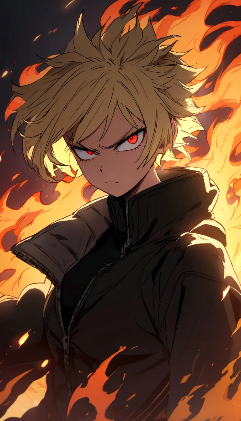masterpiece, high quality, perfect face, high texture, 1 girl, 1 person, anime, my hero academia, blonde hair, short hair, red eyes, angry face, black jacket, flame, fire background