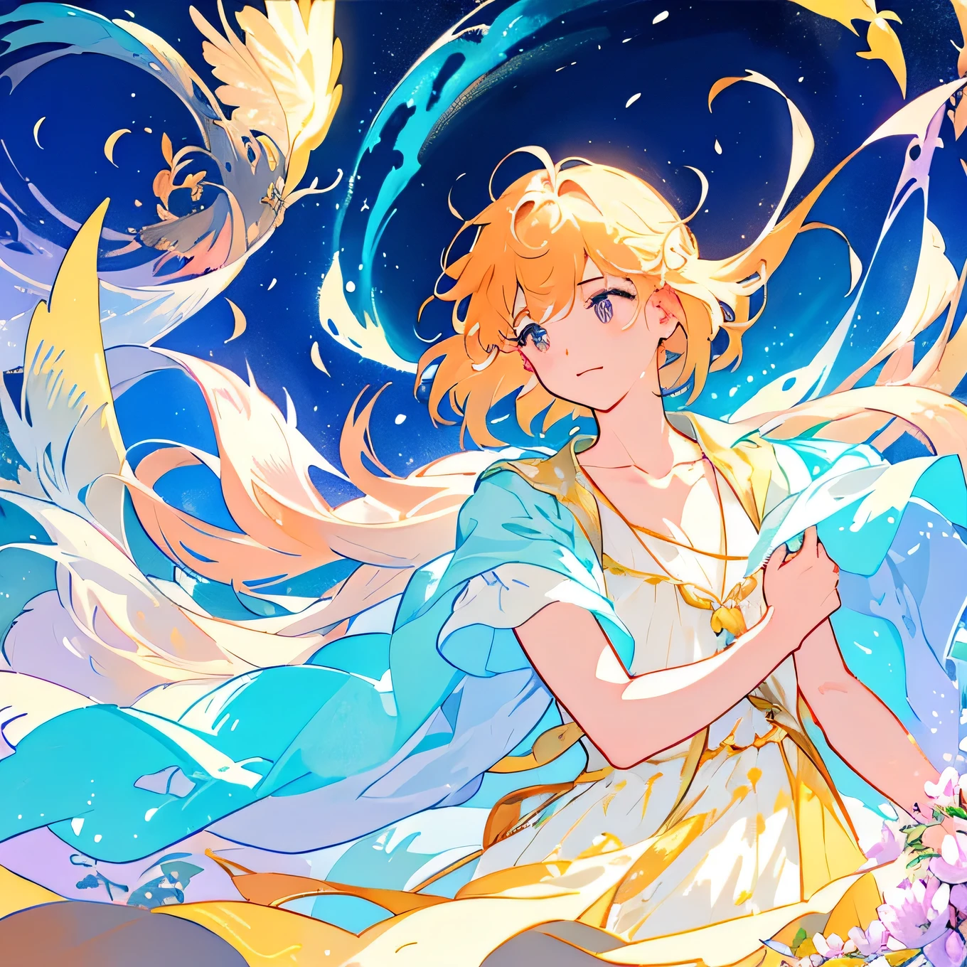 male, delicate beauty, Dreamy atmosphere, Mysterious glow, Graceful Movement, A bird in his hands, watercolor, Fine grain, loose fitting dress, Vibrant colors, Soft lighting, A fickle environment, Magic Garden, Golden Sun, Fantasy scenery, Glowing Flower, Magical Beings, Gentle Breeze, Innocent look, A magical moment, A clever stroke, Unrealistic atmosphere, Fleeting happiness, Joyful harmony, Shining Innocence, Adoration, Calm tranquility, Playful curiosity, Captivating Charm, Imaginative Wonders, Artistic masterpieces, Picturesque landscapes, tranquil oasis, Blissful Serenade, magical realism, An ethereal dreamland, Captivating Charm, Fun discovery, Precious memories, A captivating story, Eternal Joy. (highest quality, High resolution, Super detailed, Realistic, Vibrant colors, Soft lighting)、Delicate illustrations、anime、Fantasy、Night illumination