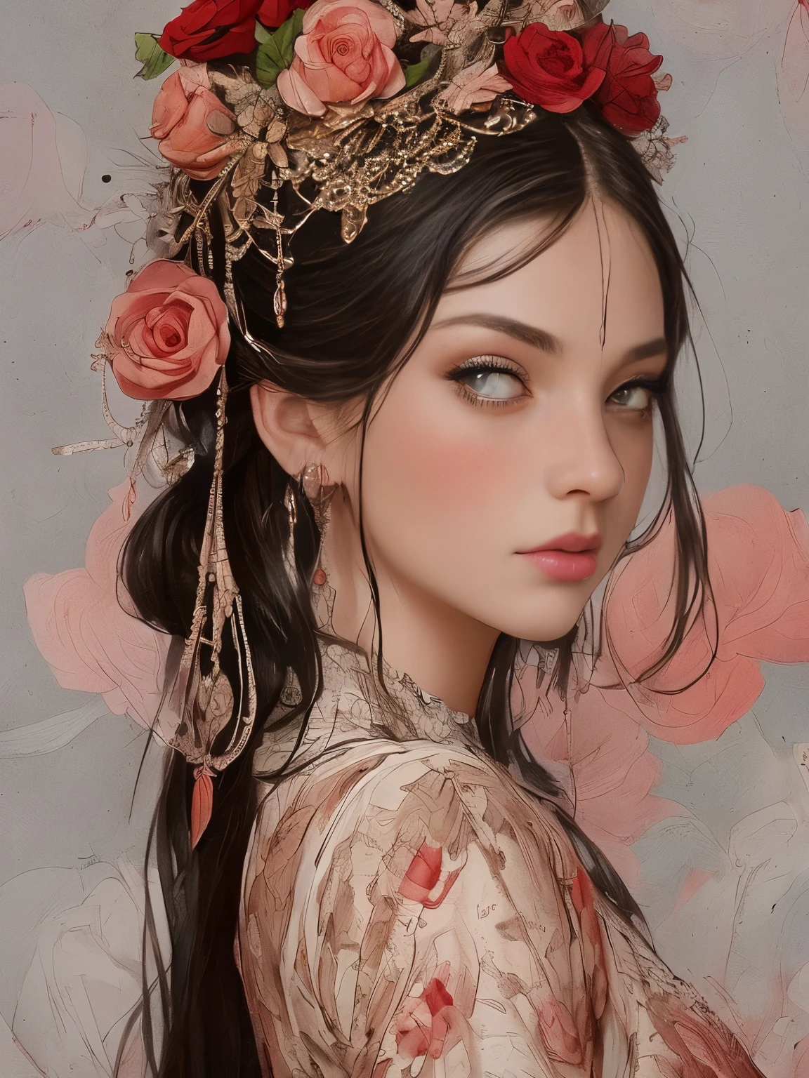 Yoshitaka Amano's painting style, Beautiful girl with long white hair, Fair skin, And red eyes, In the woods with cinematic lighting, It's dark and there is little light. She is wearing a golden white dress, Her eyes were focused, Looking at the audience. Her skin is white, Her face was delicate and perfect., Huge firm bouncing breasts, masterpiece, Top quality artwork. This image is an incredibly detailed 8K CG wallpaper., Cinematic tones with artistic cinema lighting and neutral filters
