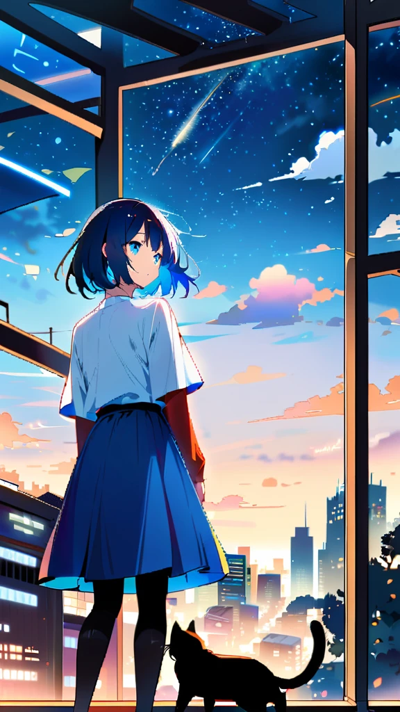 1girl, short hair, blue eyes, skirt, shirt, holding, , standing, outdoors, sky, cloud, blue skirt, night, animal, cat, building, star \(sky\), scenery, starry sky, city, cityscape, whiskers, rooftop, oversized animal,Blue Hair Girl,Face close-up