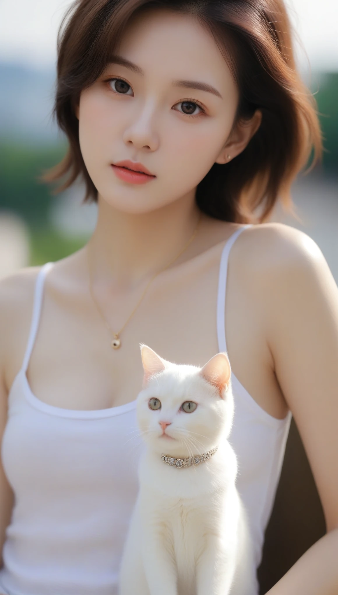 Extreme close-up of beautiful korean female, 34 inches breasts size, wearing tank top, necklace, under the sun, with cat, bokeh background, UHD