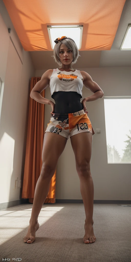 [bea], [pokemon], [uploaded to e621.net; (napalm_express)], ((masterpiece)), ((HD)), ((high res)), ((solo portrait)), ((full body)), ((front view)), ((feet visible)), ((detailed shading)), ((beautiful render art)), ((intricate details)), {anime girl; (dark-toned skin), (cute grey eyes), (short eyelashes), short white hair, (curvy hips), (defined muscles), (beautiful muscular legs), (beautiful feet), (expressionless)}, {(white shirt), (midriff), (bodysuit under clothes), (orange print shorts), (black hairband)}, {(standing), (looking in the distance)}, [background; (open room), (gym), (ceiling lights), (sun rays), (pink and orange sky)]