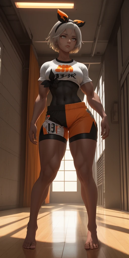 [bea], [pokemon], [uploaded to e621.net; (napalm_express)], ((masterpiece)), ((HD)), ((high res)), ((solo portrait)), ((full body)), ((front view)), ((feet visible)), ((detailed shading)), ((beautiful render art)), ((intricate details)), {anime girl; (dark-toned skin), (cute grey eyes), (short eyelashes), short white hair, (curvy hips), (defined muscles), (beautiful muscular legs), (beautiful feet), (expressionless)}, {(white shirt), (midriff), (bodysuit under clothes), (orange print shorts), (black hairband)}, {(standing), (looking in the distance)}, [background; (open room), (gym), (ceiling lights), (sun rays), (pink and orange sky)]