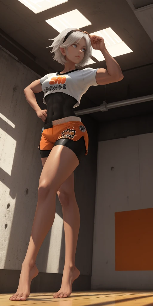 [bea], [pokemon], [uploaded to e621.net; (napalm_express)], ((masterpiece)), ((HD)), ((high res)), ((solo portrait)), ((full body)), ((front view)), ((feet visible)), ((detailed shading)), ((beautiful render art)), ((intricate details)), {anime girl; (dark-toned skin), (cute grey eyes), (short eyelashes), short white hair, (curvy hips), (defined muscles), (beautiful muscular legs), (beautiful feet), (expressionless)}, {(white shirt), (midriff), (bodysuit under clothes), (orange print shorts), (black hairband)}, {(standing), (looking in the distance)}, [background; (open room), (gym), (ceiling lights), (sun rays), (pink and orange sky)]