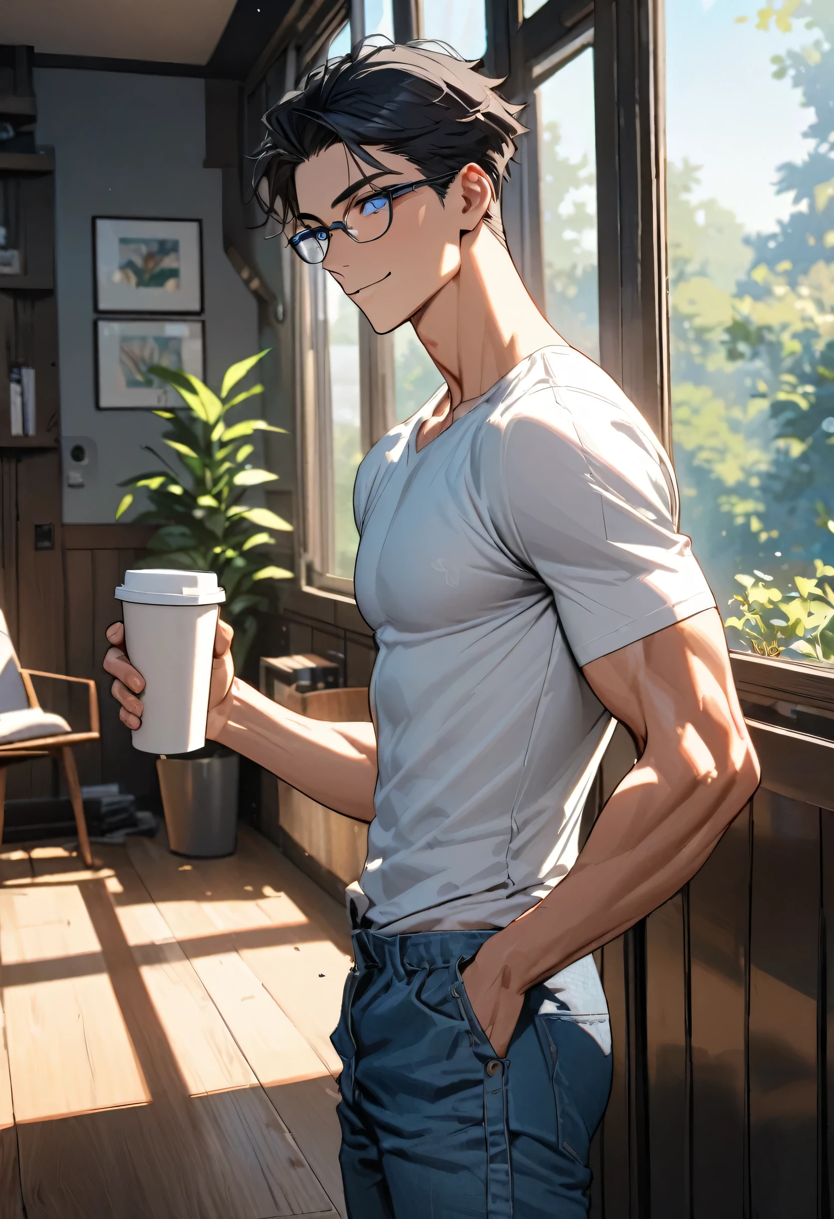 (solo very short hair black hair nice guy, cool blue eyes, glasses, soft smile, Athlete body, tall), (26 yo), (in a Simple shirt, Denim pants), (hand holding a coffee cup), BREAK, (in the beautiful morning, Living room from window), perfect anatomy, masterpiece, best quality, 16k, beautiful detailed grow, daydreaming expression.