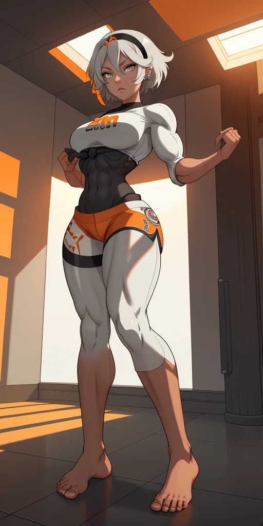 [bea], [pokemon], [uploaded to e621.net; (napalm_express)], ((masterpiece)), ((HD)), ((high res)), ((solo portrait)), ((full body)), ((front view)), ((feet visible)), ((detailed shading)), ((beautiful render art)), ((intricate details)), {anime girl; (dark-toned skin), (cute grey eyes), (short eyelashes), short white hair, (curvy hips), (defined muscles), (beautiful muscular legs), (beautiful feet), (expressionless)}, {(white shirt), (midriff), (bodysuit under clothes), (orange print shorts), (black hairband)}, {(standing), (looking in the distance)}, [background; (open room), (gym), (ceiling lights), (sun rays), (pink and orange sky)]
