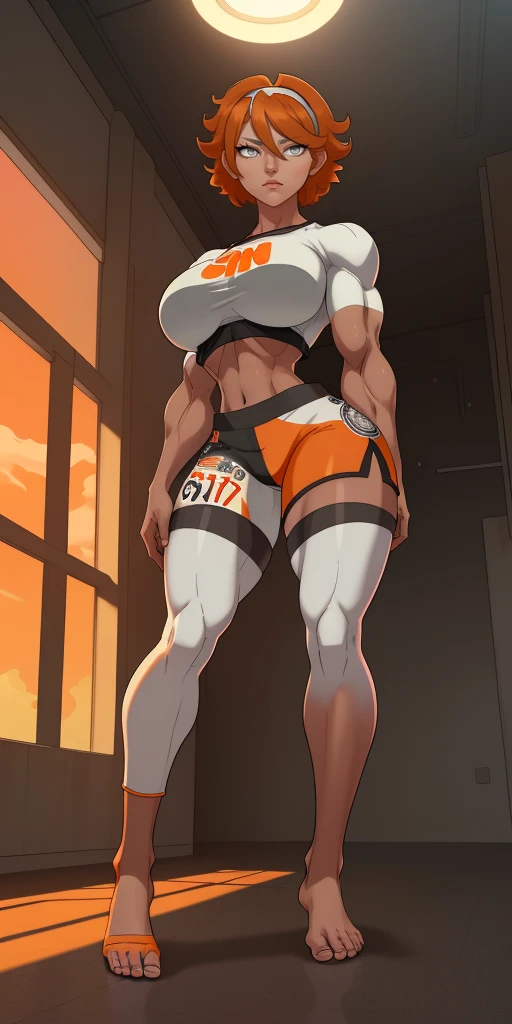 [bea], [pokemon], [uploaded to e621.net; (napalm_express)], ((masterpiece)), ((HD)), ((high res)), ((solo portrait)), ((full body)), ((front view)), ((feet visible)), ((detailed shading)), ((beautiful render art)), ((intricate details)), {anime girl; (dark-toned skin), (cute grey eyes), (short eyelashes), short white hair, (curvy hips), (defined muscles), (beautiful muscular legs), (beautiful feet), (expressionless)}, {(white shirt), (midriff), (bodysuit under clothes), (orange print shorts), (black hairband)}, {(standing), (looking in the distance)}, [background; (open room), (gym), (ceiling lights), (sun rays), (pink and orange sky)]