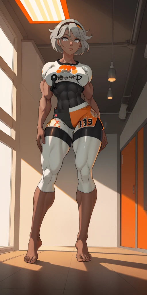 [bea], [pokemon], [uploaded to e621.net; (napalm_express)], ((masterpiece)), ((HD)), ((high res)), ((solo portrait)), ((full body)), ((front view)), ((feet visible)), ((detailed shading)), ((beautiful render art)), ((intricate details)), {anime girl; (dark-toned skin), (cute grey eyes), (short eyelashes), short white hair, (curvy hips), (defined muscles), (beautiful muscular legs), (beautiful feet), (expressionless)}, {(white shirt), (midriff), (bodysuit under clothes), (orange print shorts), (black hairband)}, {(standing), (looking in the distance)}, [background; (open room), (gym), (ceiling lights), (sun rays), (pink and orange sky)]