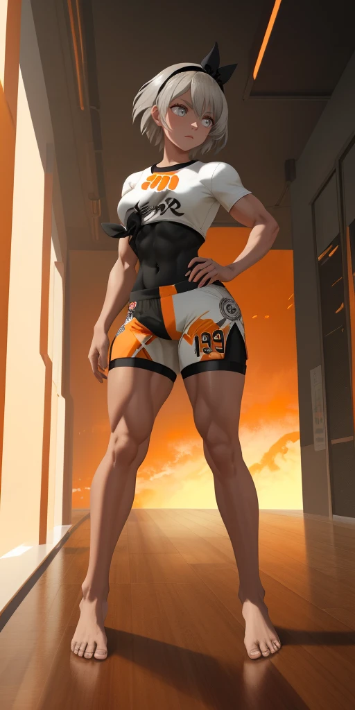 [bea], [pokemon], [uploaded to e621.net; (napalm_express)], ((masterpiece)), ((HD)), ((high res)), ((solo portrait)), ((full body)), ((front view)), ((feet visible)), ((detailed shading)), ((beautiful render art)), ((intricate details)), {anime girl; (dark-toned skin), (cute grey eyes), (short eyelashes), short white hair, (curvy hips), (defined muscles), (beautiful muscular legs), (beautiful feet), (expressionless)}, {(white shirt), (midriff), (bodysuit under clothes), (orange print shorts), (black hairband)}, {(standing), (looking in the distance)}, [background; (open room), (gym), (ceiling lights), (sun rays), (pink and orange sky)]