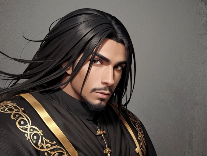 Homem.cabelo preto.olhos brancos.roupa preta estilo medieval.estilo anime