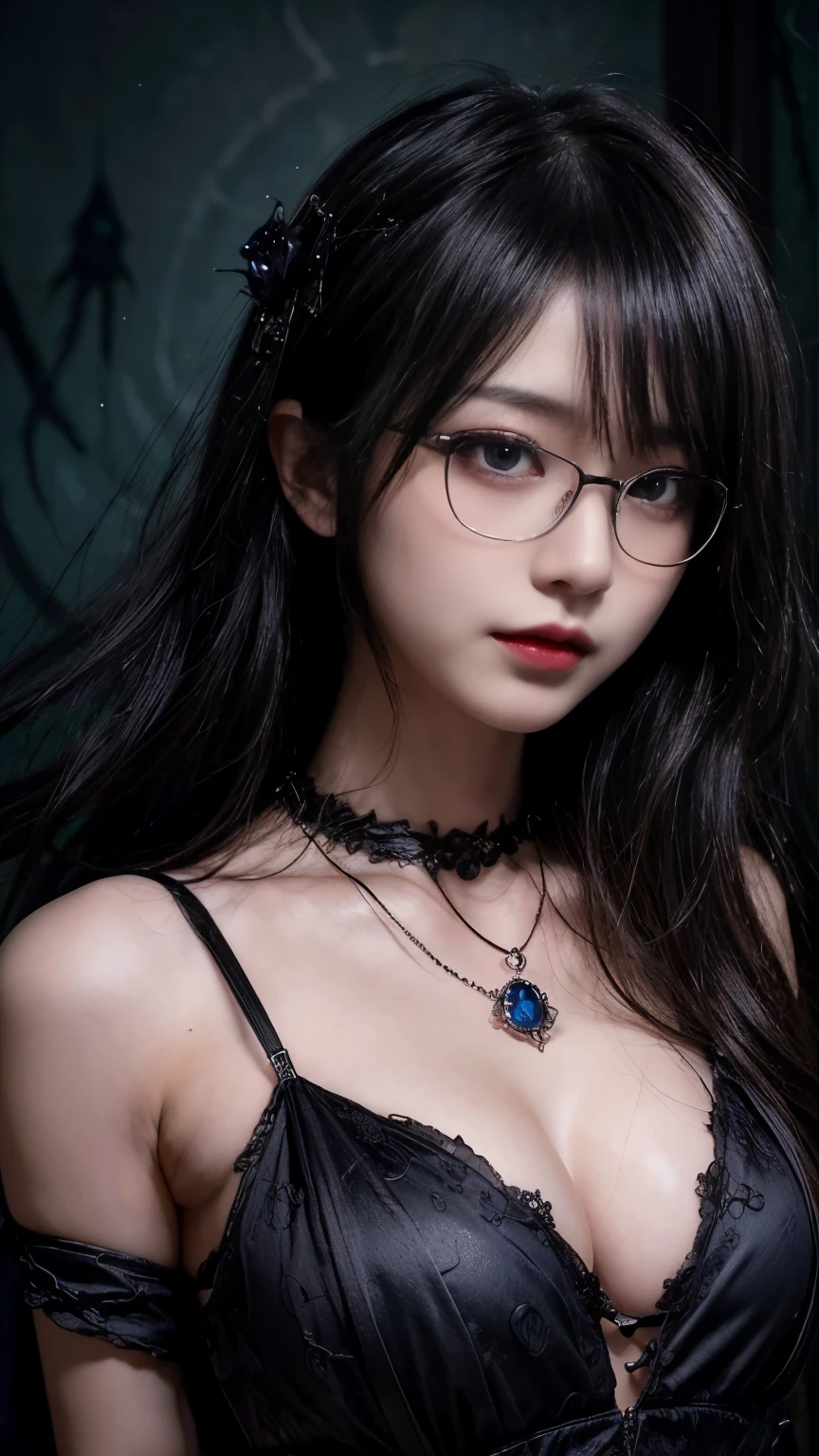 (highest quality,4K,8k,High resolution,masterpiece:1.2),Very detailed,(Realistic,photoRealistic,photo-Realistic:1.37), Close-up of a woman with dark hair and wearing a black dress, Dark Eyes,an  ominous笑顔,((((Glasses))))、((((big sapphire necklace))))、Evil Aura,Burning Flames,Soul Corruption,Dark Shadows,an  ominous雰囲気,Strange symbols,Cursed Land,Eternal Darkness,An unforgettable presence,Intimidating person,Grotesque features,Horror Scene,twisted reality,Scary atmosphere,A wonderful work of art,Evil Unleashed,Supernatural horror,Spooky art,nightmare fuel,Terrifyingly clear,Abstract fear,Terrifyingly beautiful,masterpiece,Fear incarnate,Shadow Chaos,existence,to be born々Shii Darkness,in style of Dark Fantasy Art, Dark Fantasy Art, Beautiful and elegant queen of darkness, Dark Fantasy Art, fantasy dark art, Dark fantasy digital art, Gothic fantasy art, Gothic Dark Maiden, Detailed Texture,Spooky creatures,an  ominous雰囲気,Mythical,Space horror,darkness,Mysterious,Dark aesthetic,Fog Background,Eyes of another world,Ancient Gods々, Powerful wizard, Mysterious森の中に立つ. Flowing robes decorated with symbols, Arms stretched out, Powerful,Tentacles,Pitch black blackness,Majestic,Unfathomable depth,nightmare,The existence of the universe,an  ominous存在,seeping darknesss,Secrets of the Universe, (Spooky atmosphere), (((Dramatic Shadows), (Dynamic pose), ((Artistically expressed)), ((attractive), (Gothic), (Mysterious Setting), (Moody color palette), (Skillfully drawn), (sense of unease), (Intricate details), (an  ominous smile), (an  ominous), (attractive eyes), (Horror elements), (attractive composition), (Impressive anatomy),(Striking contrast))), (Interesting character designs)、Dark Fantasy Portrait, Portrait of the Dark Goddess, 