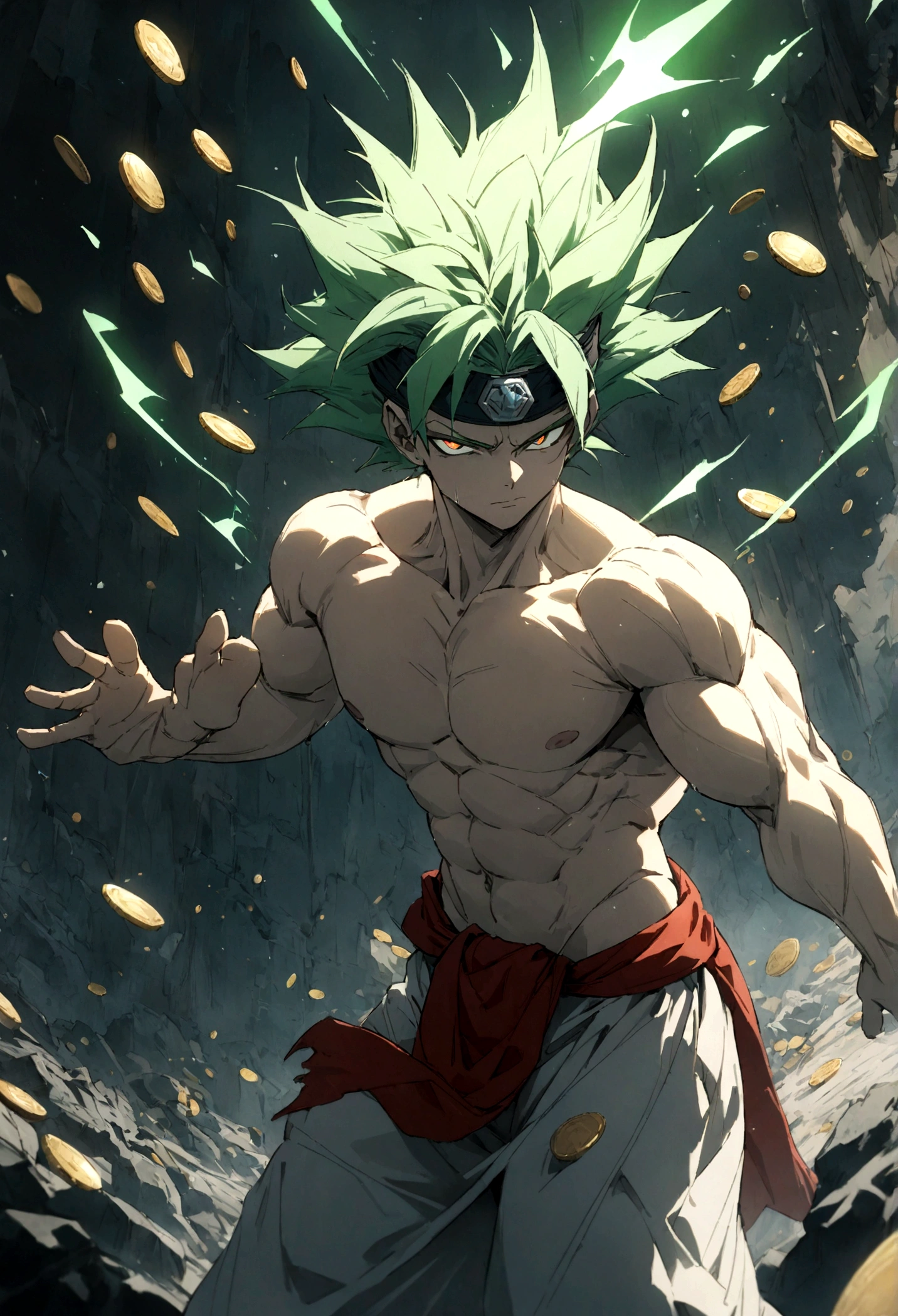 Green Aura、"(Best Quality,4K,8k,High resolution,masterpiece:1.2),Ultra-detailed,, Manga art wearing a headband、whole body、Forehead protector、Golden Mountain、Coin Rain、Golden Room、、male, Ivory skin, Thor、whole body、Wear a red loincloth around your waist、Green Hair、White trousers、Super Saiyan、Messy hair, green, spiky hair, sharp eyes, Grey Iris, Wear a black coat, Naked torso, Muscular body, Sports Body, Sharp jaw line, Glare, Cold and mysterious personality, whole body, Sports Body, 8k, detailed feature, Very handsome, Dreamy look, Bright lighting, 、Gives off an intense aura、Halo on your back、Medals Falling、Coin Rain