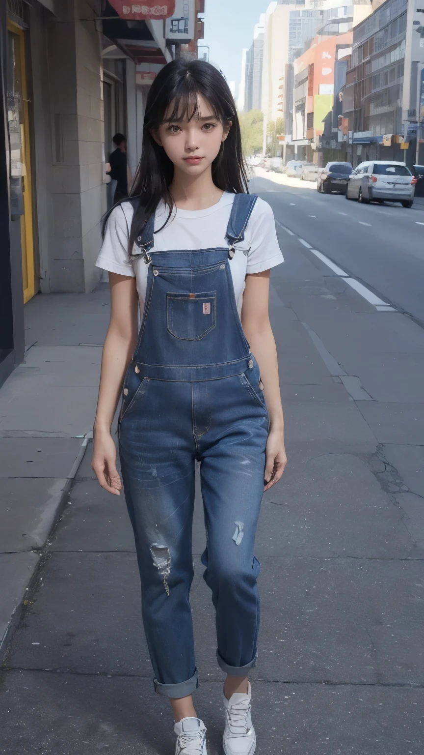 ((In the city:2.0)), ((Positive:2.0, Face the front of your body at the camera:2.0)), ((overalls:2.0)), (Clothing:2.0, overalls:2.0, sneakers:1.5), ((In the city:2.0)), ((A grin:1.2, Small breasts:1.5, slender:1.5, Small Ass:1.5)), ((Japanese, 1 Girl, 18-year-old, 7 heads, Ideal body proportions, Black Hair, With bangs, Small breasts, Erect nipples, slender, Small Ass, Beautiful feet, Skinny Legs)), Surrealism, Cinematic Lighting, Depth of written boundary, First Person View, Boobs F/1.8, 135mm, Ticker, Mastepiece, Curate, ((Anatomically correct:1.3)), Textured skin, Super Detail, High detail, High quality, Awards, Best Quality, High resolution, 8K