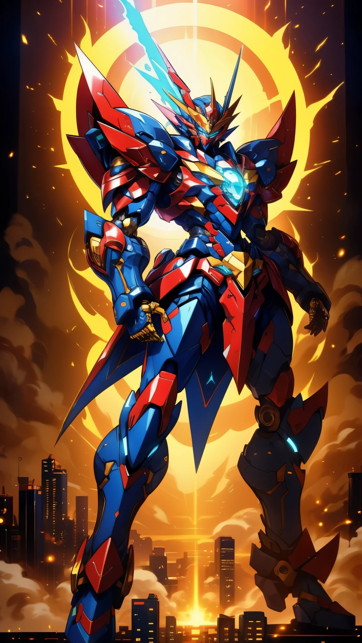 Humanoid Mecha, fully enclosed shoulder guards, matching arm and leg guards, full body, full armor, super robot, the design balances heavy with agility, (the color scheme is primarily white with red and blue accents, the concept Inspired by super robot, royal style chest armor, pose, standing, floating high above the futuristic sci-fi city), exquisite and mature art style, (aura effect, energy, glowing eyes, the armor glows), ((SRS)), metallic, dramatic, high definition, best quality, highres, ultra-detailed, ultra-fine painting, extremely delicate, professional, perfect body proportions, anatomically correct, symmetrical face, extremely detailed eyes and face, high quality eyes, creativity, RAW photo, UHD, 32k, Natural light, cinematic lighting, masterpiece-anatomy-perfect, masterpiece:1.5